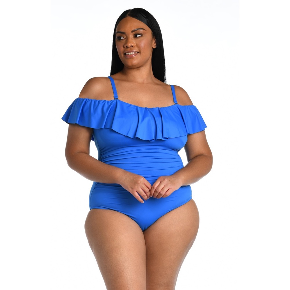La Blanca Island Goddess Off Shoulder Ruffle One Piece in Capri Blue, Size 16W